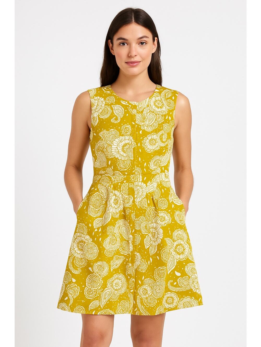 Boden Yellow Floral Paisley Cotton Fit & Flare sleeveless summer Dress Size 8P